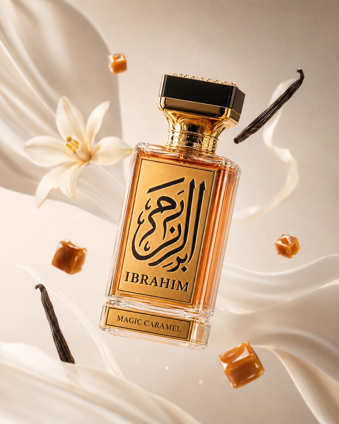 Magic Caramel Rich Amber Gourmand eau de parfum, flat lay composition