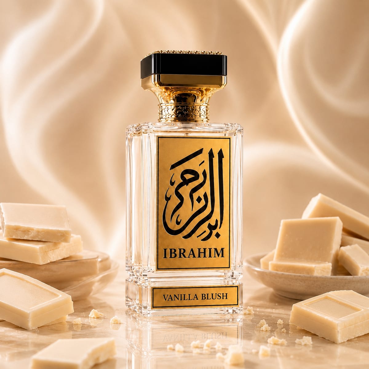 Vanilla Blush vanilla eau de parfum, flat lay composition